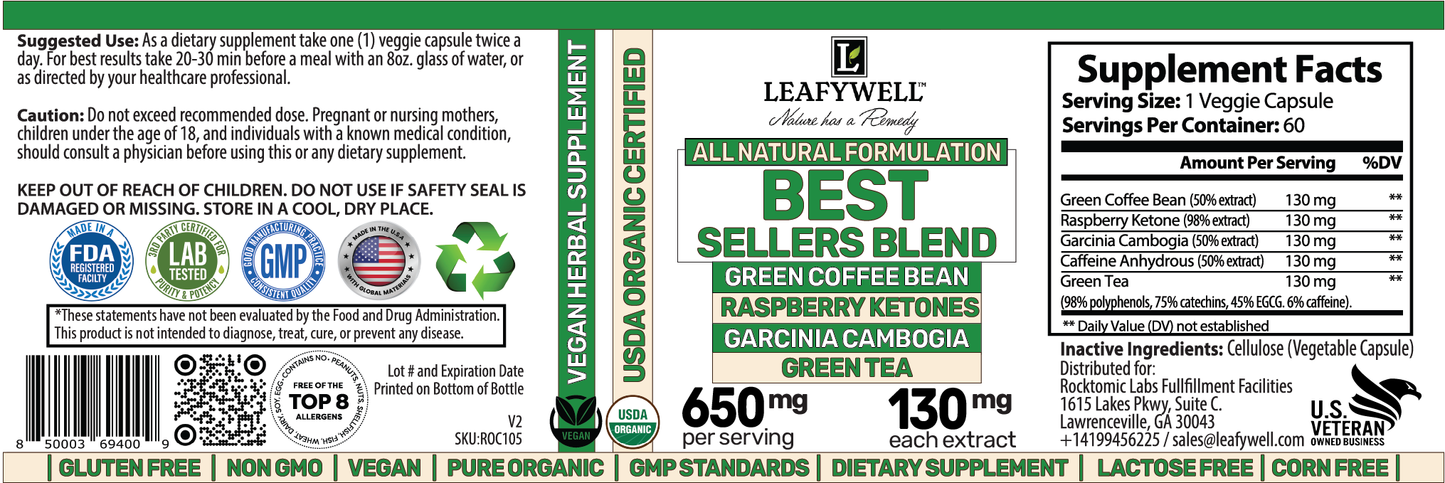 Mezcla de los más vendidos: café verde, cetonas de frambuesa, garcinia y té verde (60 cápsulas)