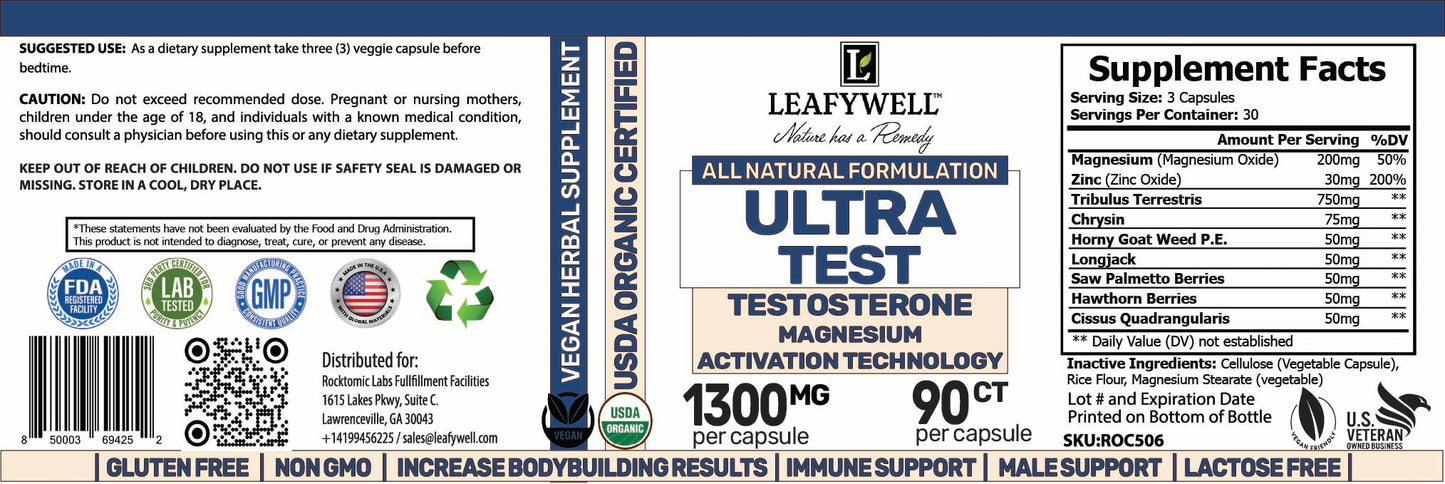 Supplement label for Leafywell Ultra Test with various certifications and ingredients listed.