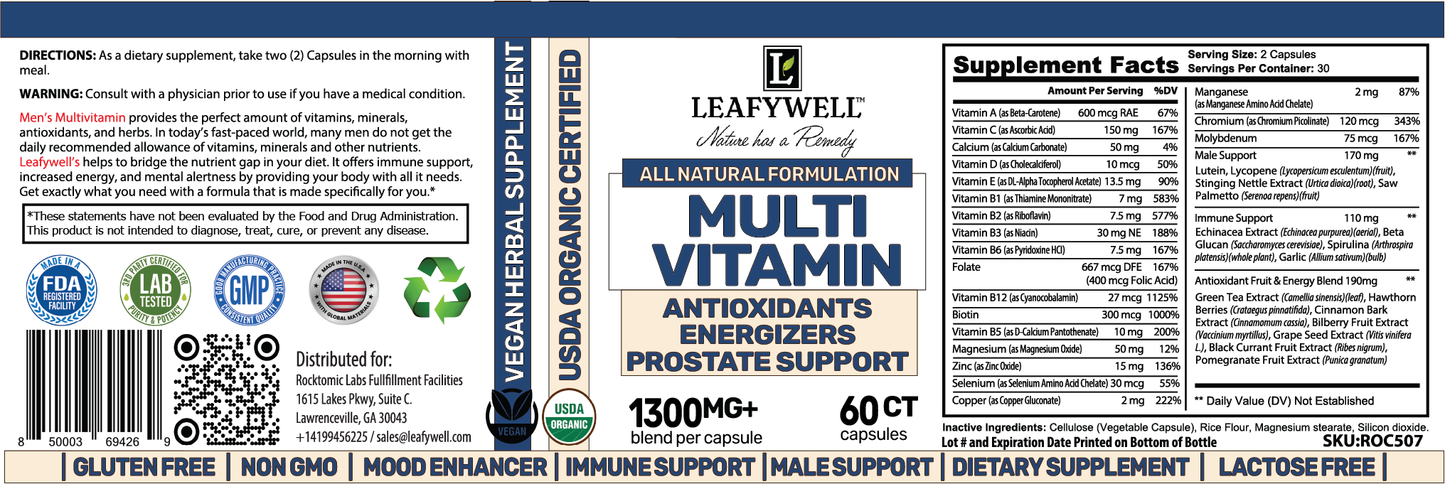 Supplement label for Leafywell Multi Vitamin with various certifications and product details.
