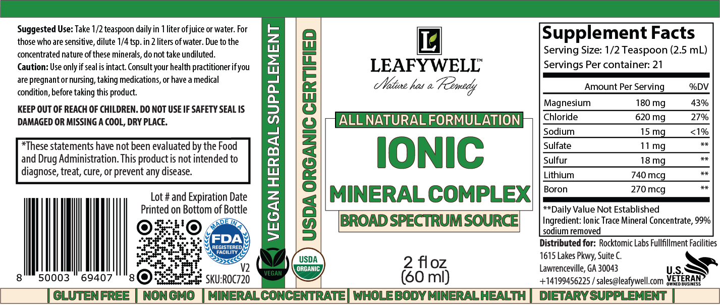 Supplement label for Leafywell Ionic Mineral Complex with various certifications and details.
