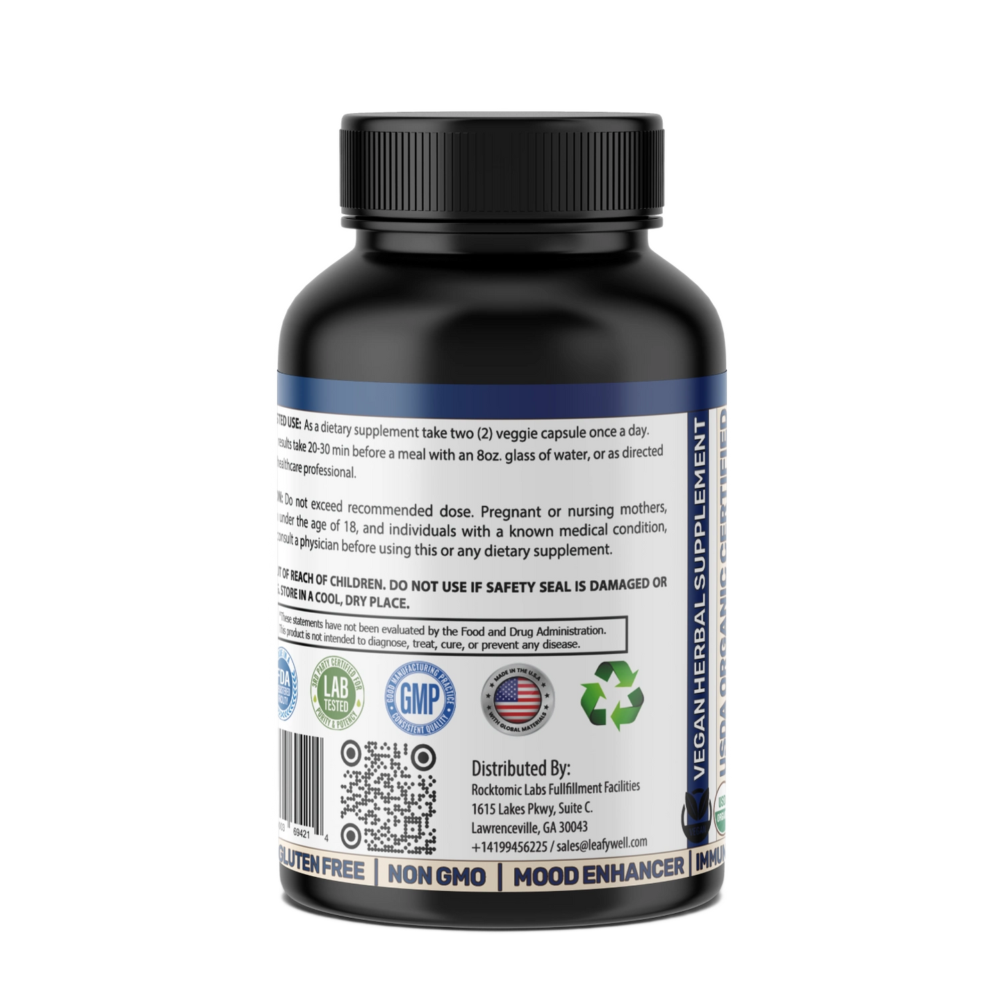 Black supplement bottle with label on a white background
