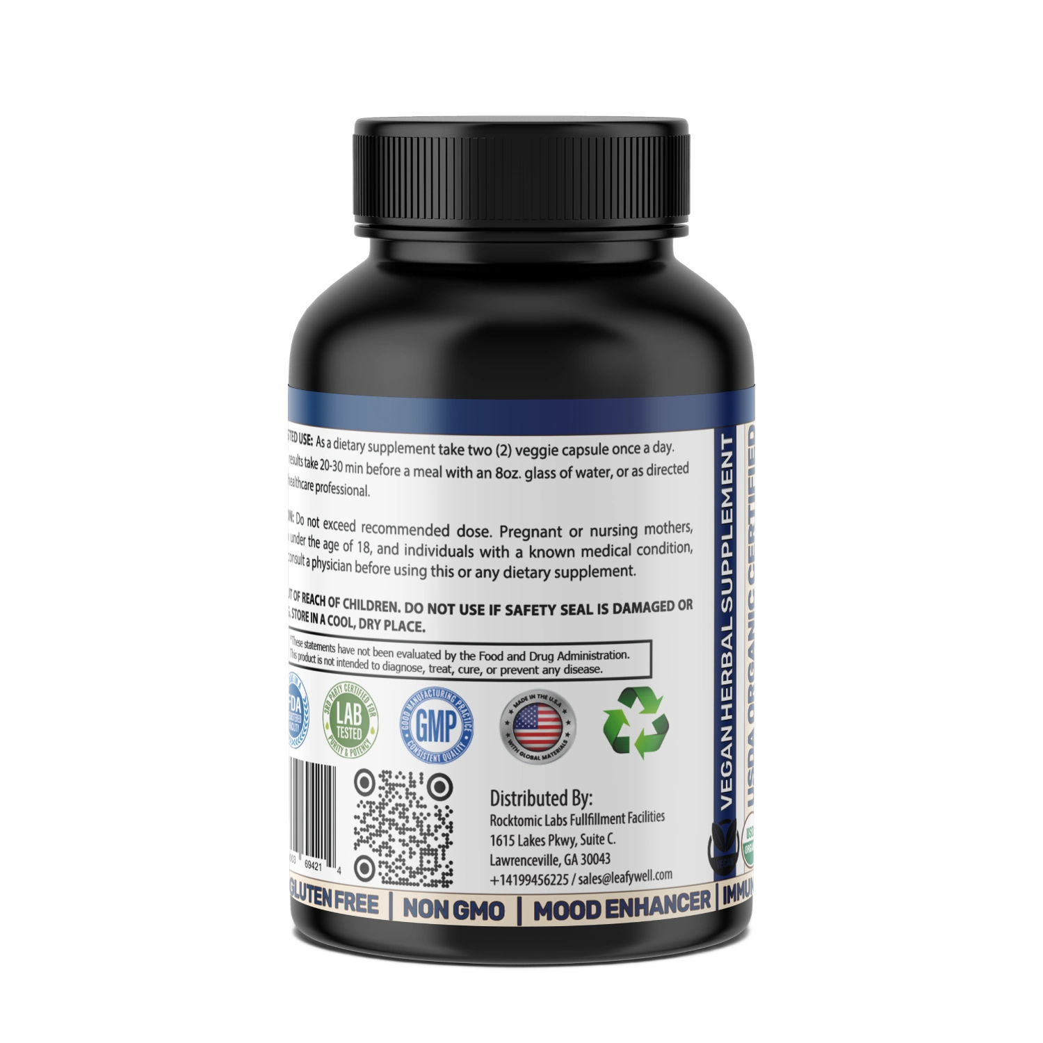Black supplement bottle with label on a white background