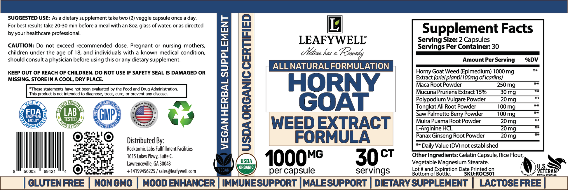 Leafwell Horny goat weed extract supplement label with nutritional information and branding details.