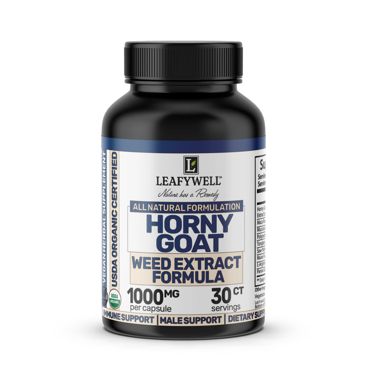 Leafywell Horny goat weed extract formula supplement bottle on a white background