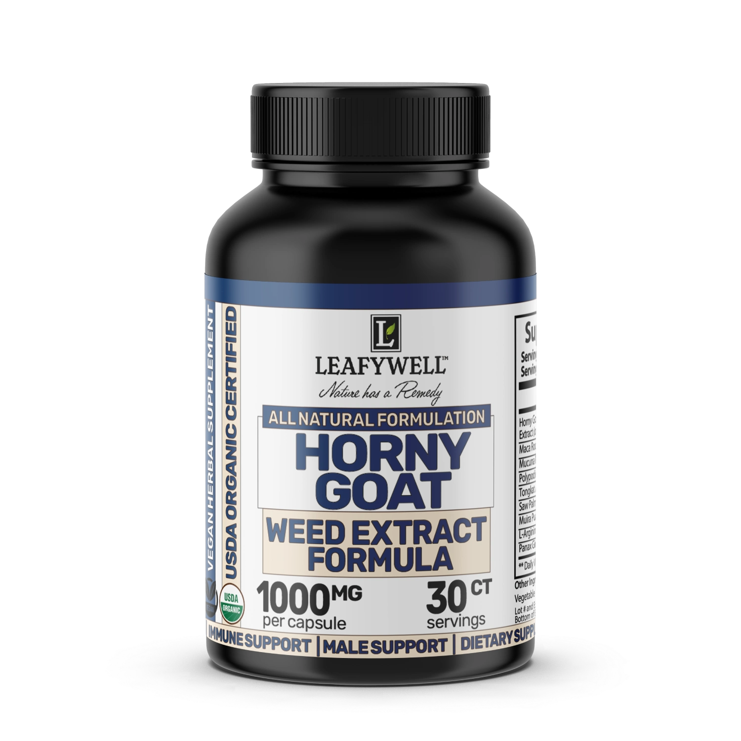 Leafywell Horny goat weed extract formula supplement bottle on a white background