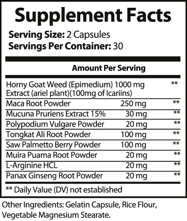 Supplement facts label with detailed ingredient list and serving information.
