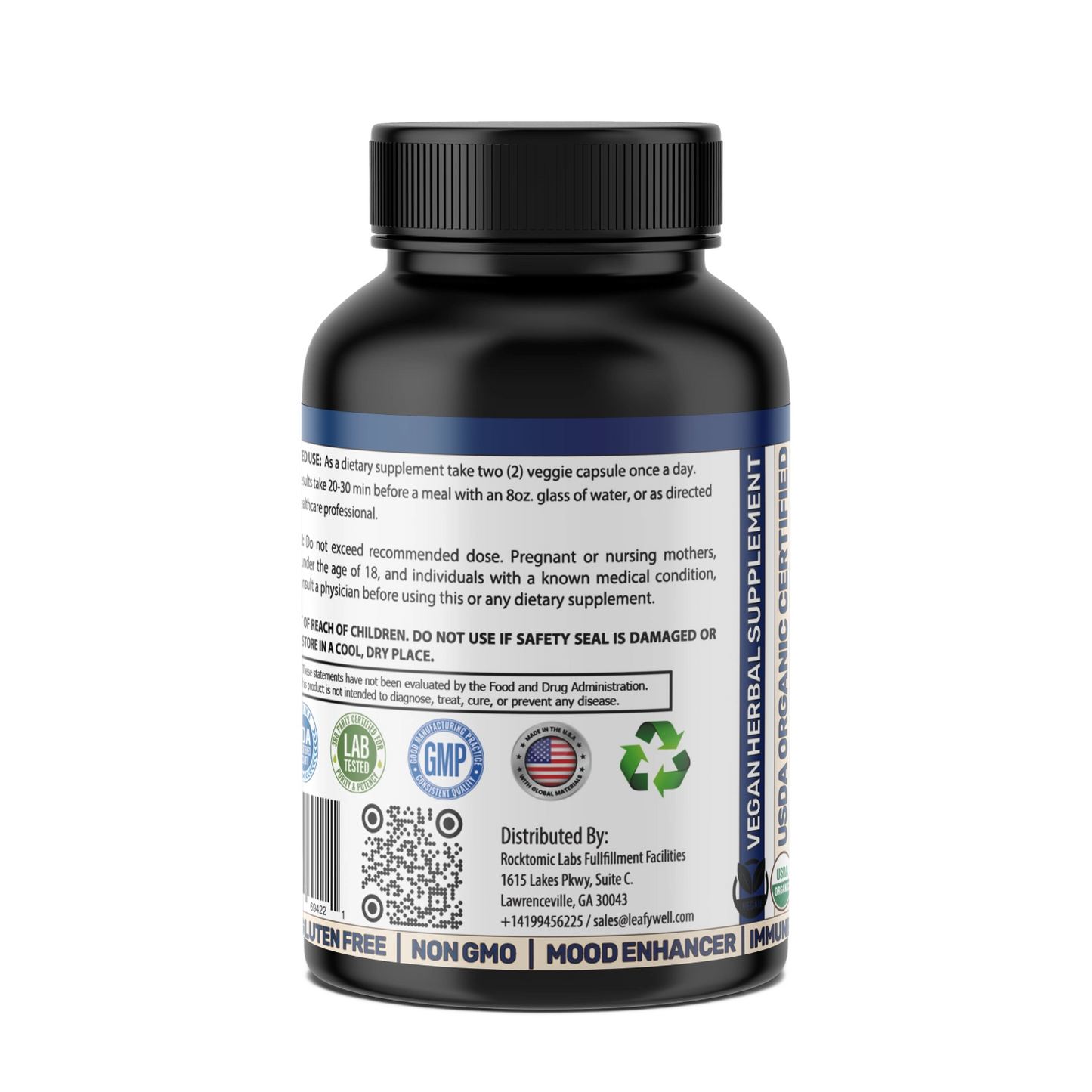 Black supplement bottle with label on a white background