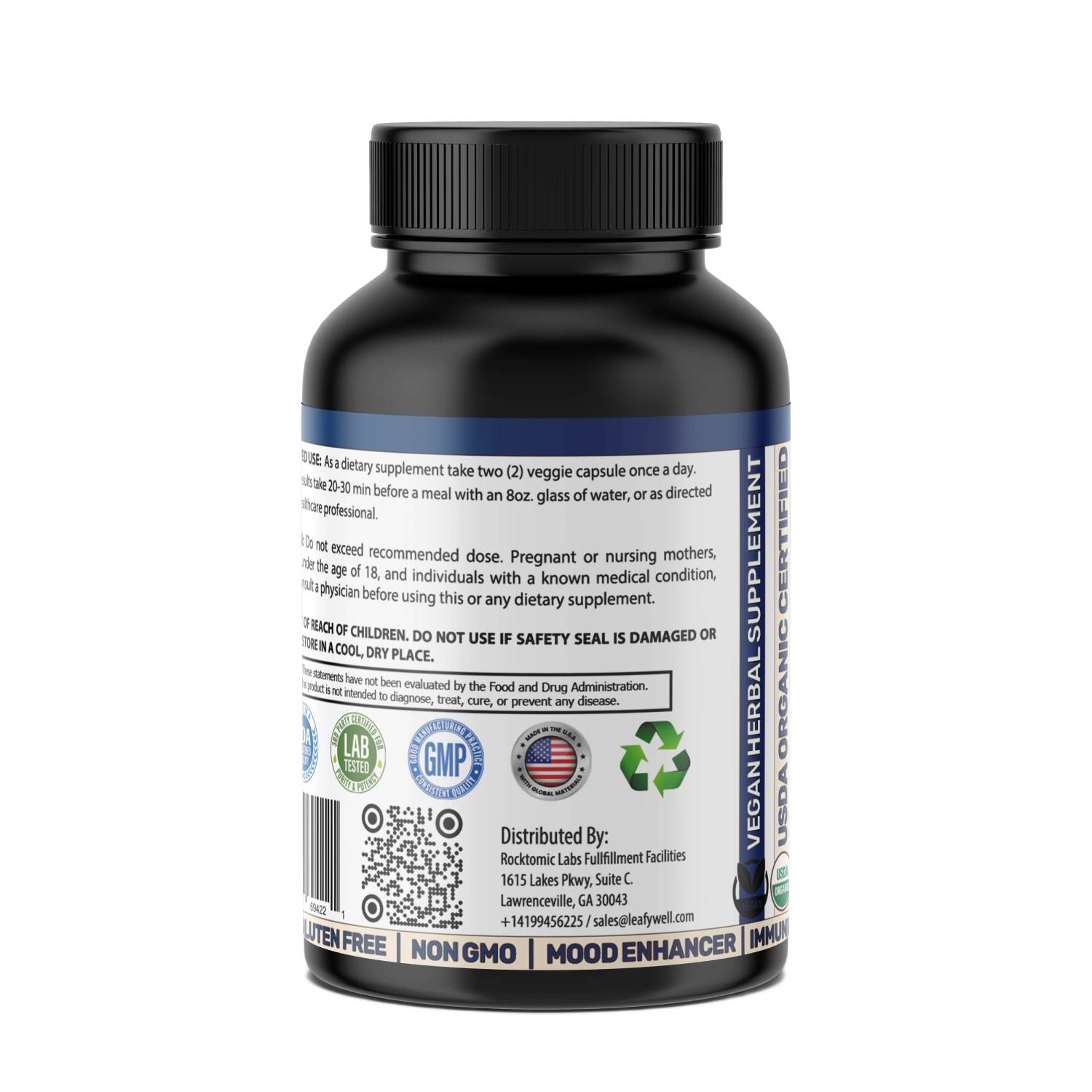 Black supplement bottle with label on a white background