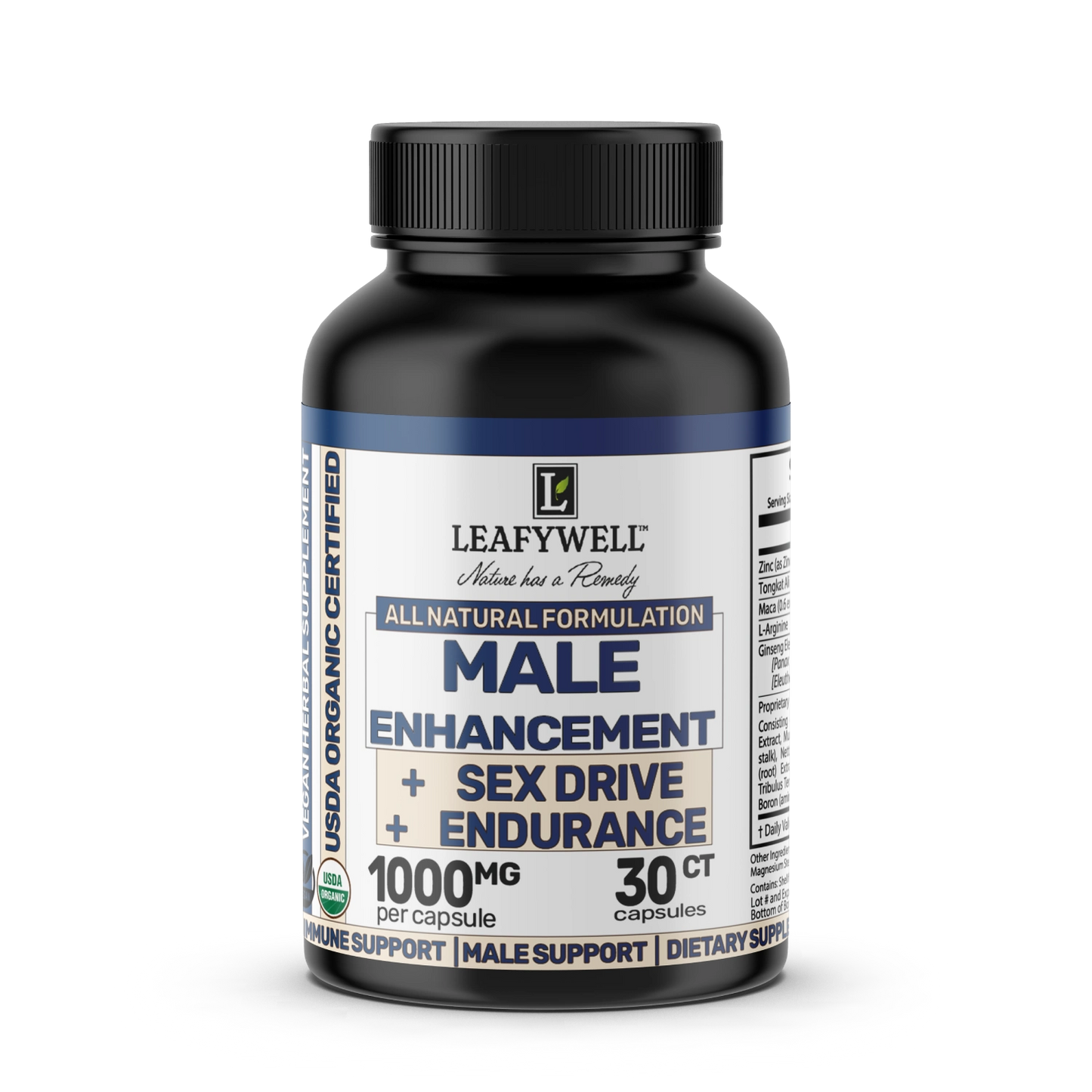 Black supplement bottle labeled 'Leafywell' for male enhancement on a white background
