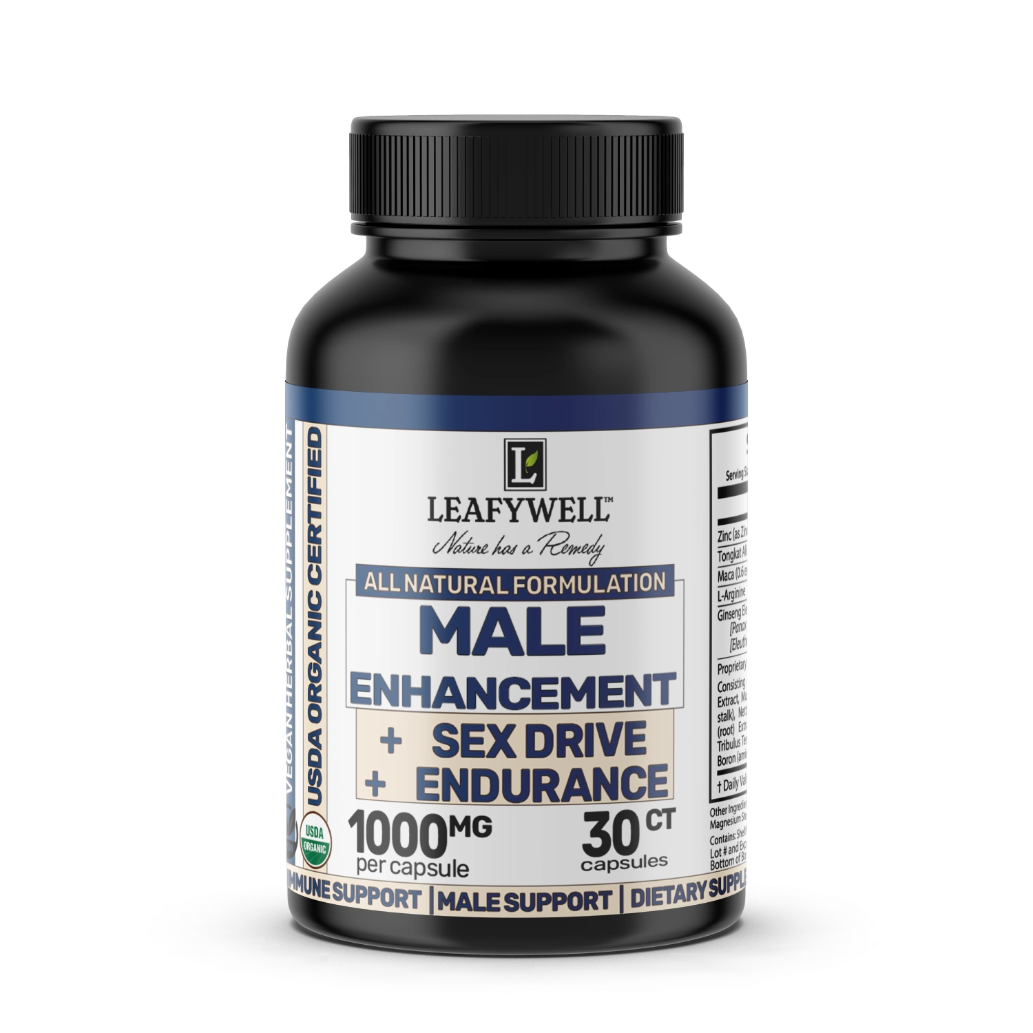 Black supplement bottle labeled 'Leafywell' for male enhancement on a white background