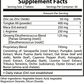 Supplement facts label with detailed ingredient list and serving information.