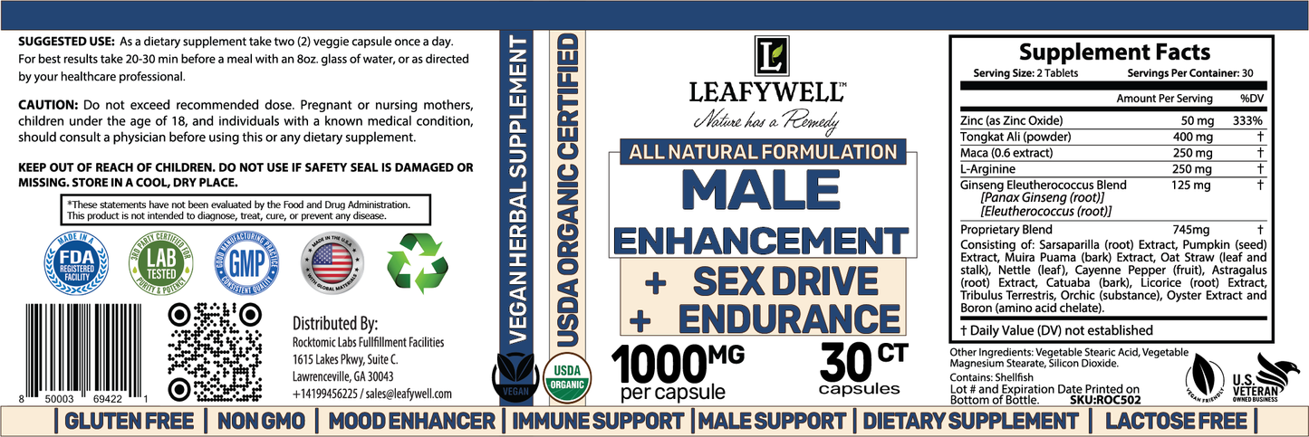 Supplement label for Leafwell Male Enhancement product with various certifications and ingredients listed.