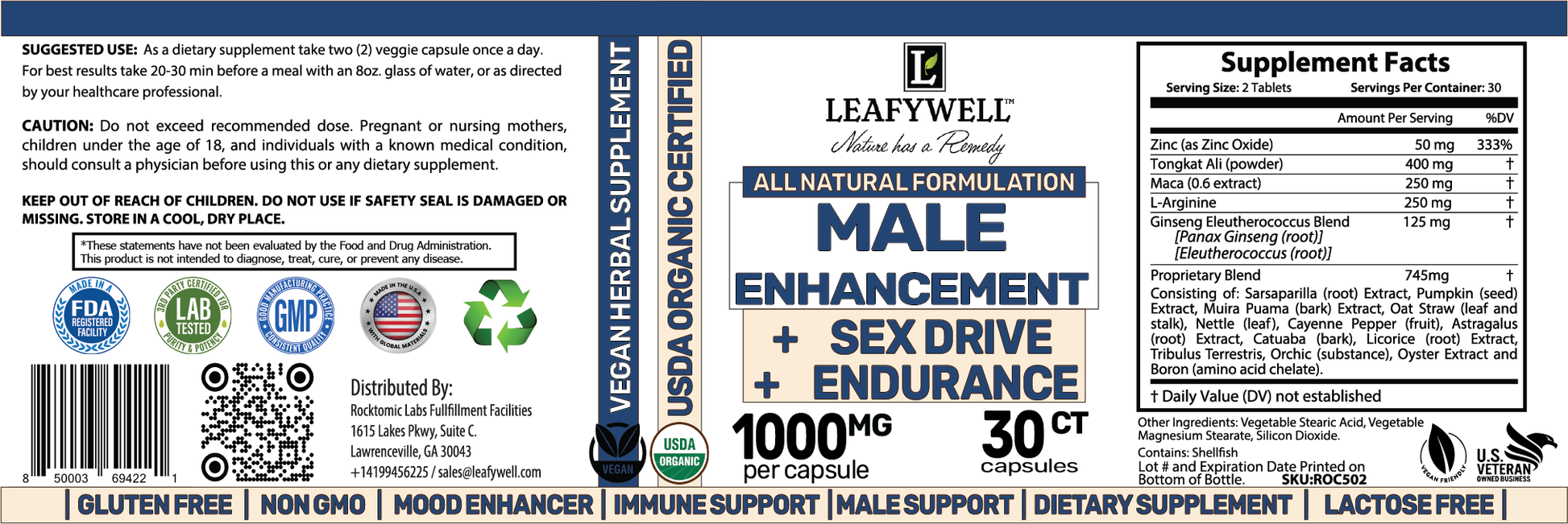 Supplement label for Leafwell Male Enhancement product with various certifications and ingredients listed.