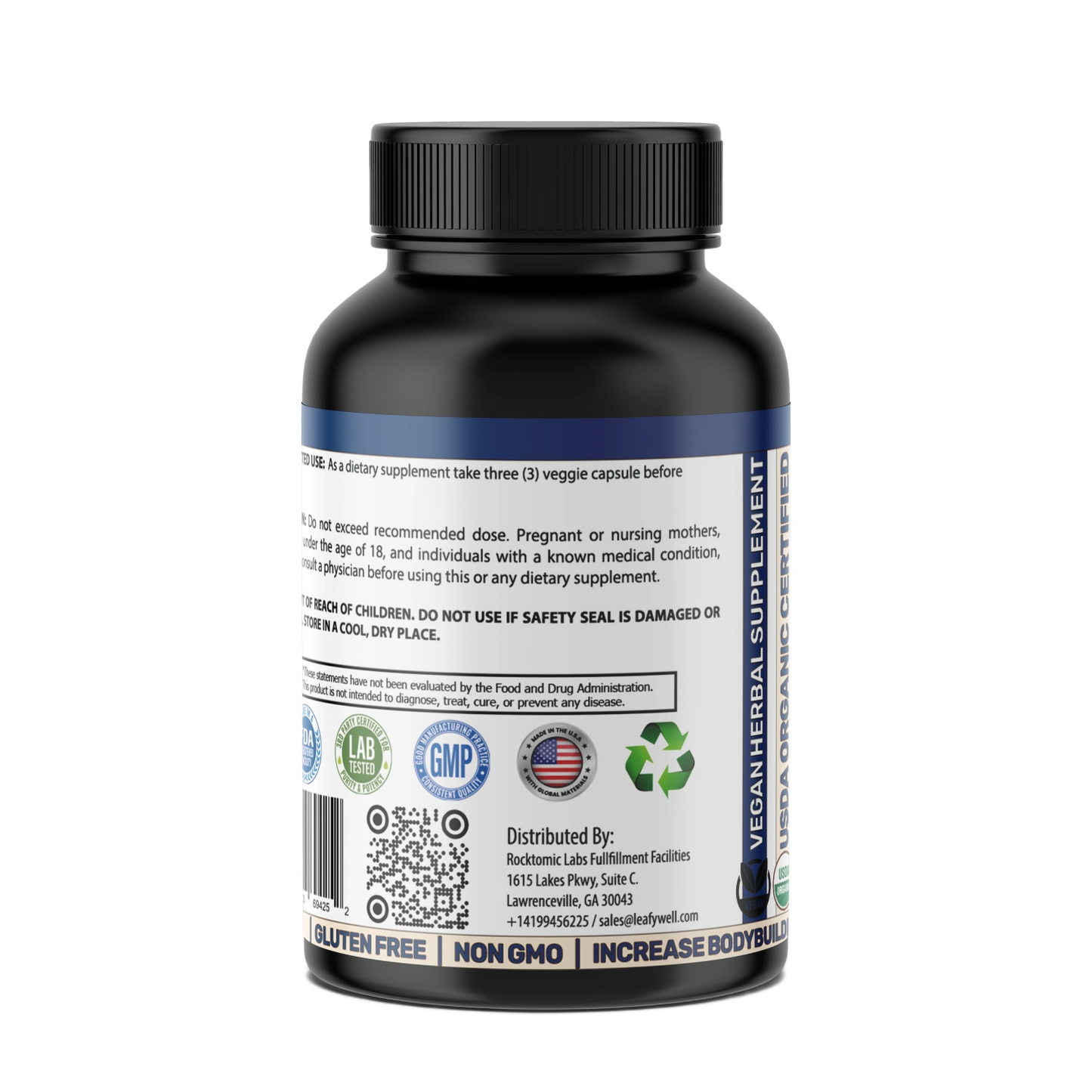 Vegan supplement bottle with label on a white background