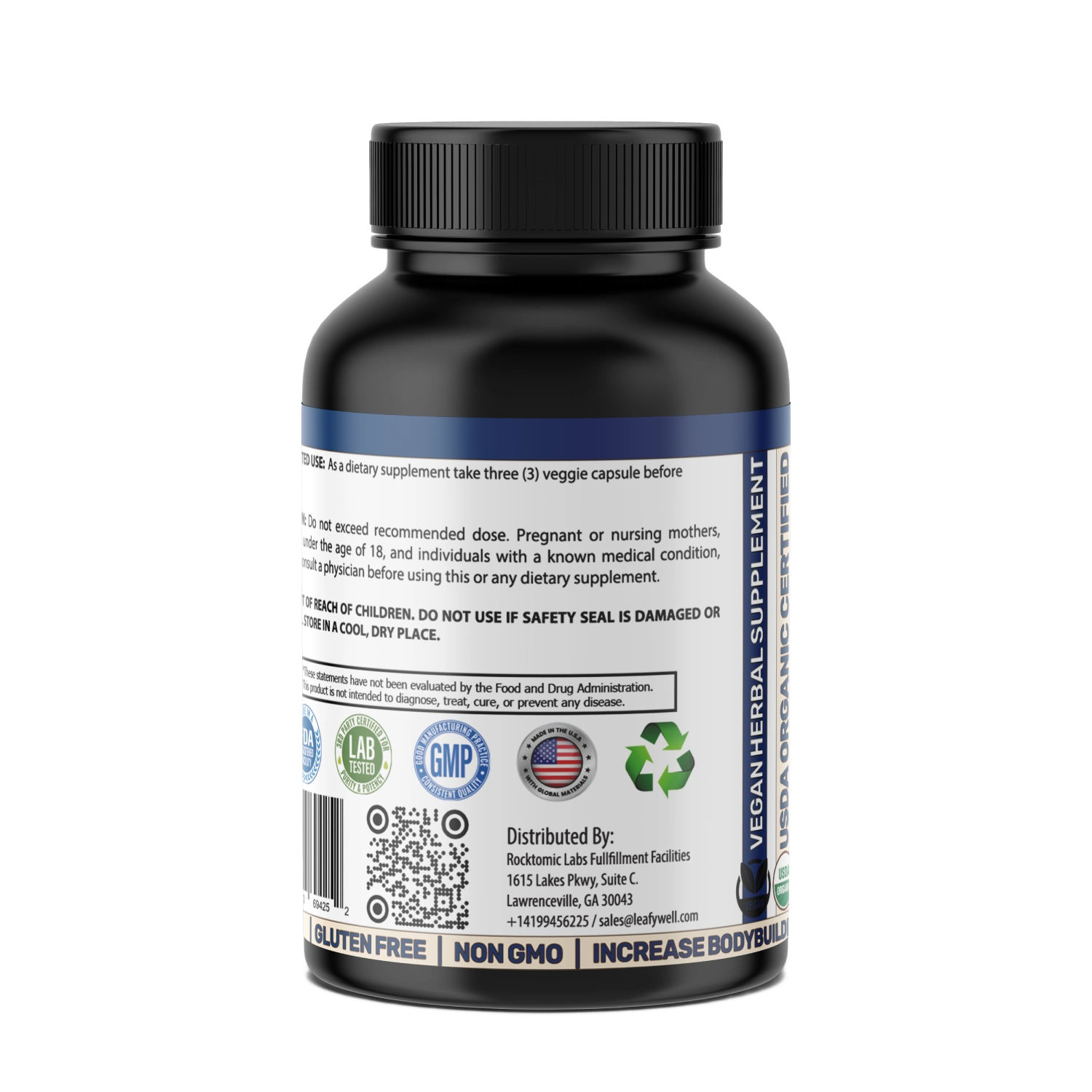 Vegan supplement bottle with label on a white background