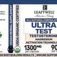 Supplement label for Leafywell Ultra Test with various certifications and ingredients listed.