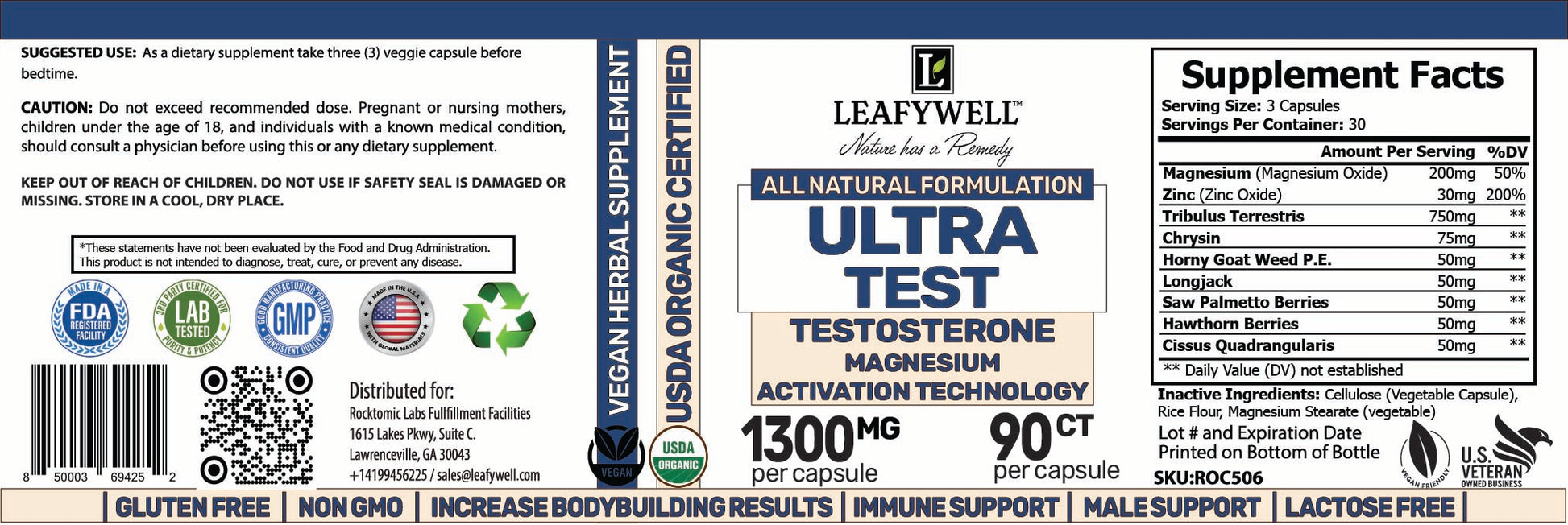 Supplement label for Leafywell Ultra Test with various certifications and ingredients listed.