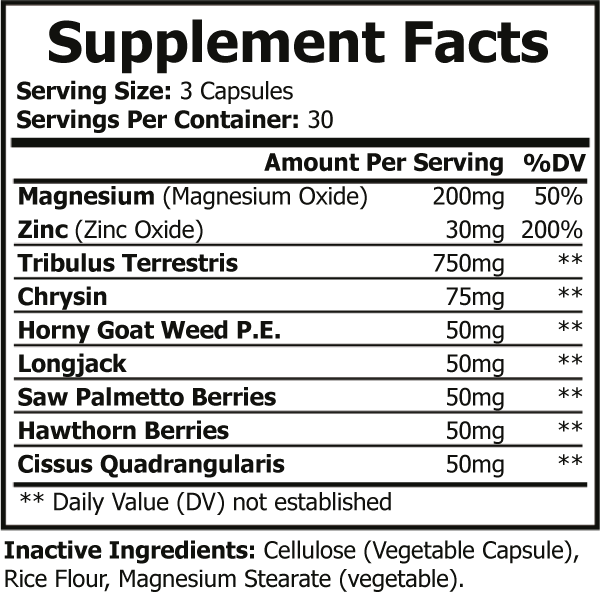Supplement facts label with various ingredients and their amounts per serving.
