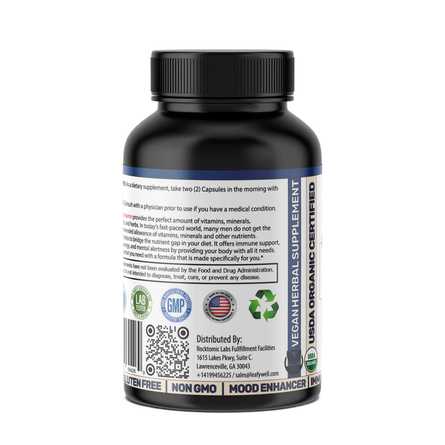 Black supplement bottle with label on a white background