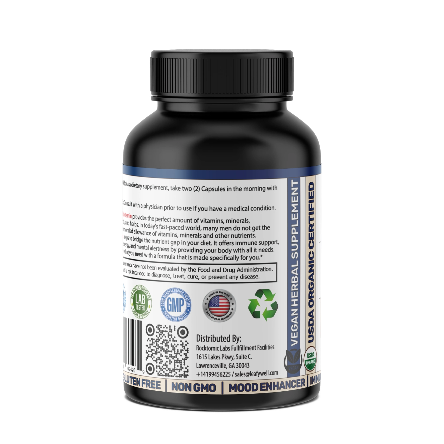 Black supplement bottle with label on a white background