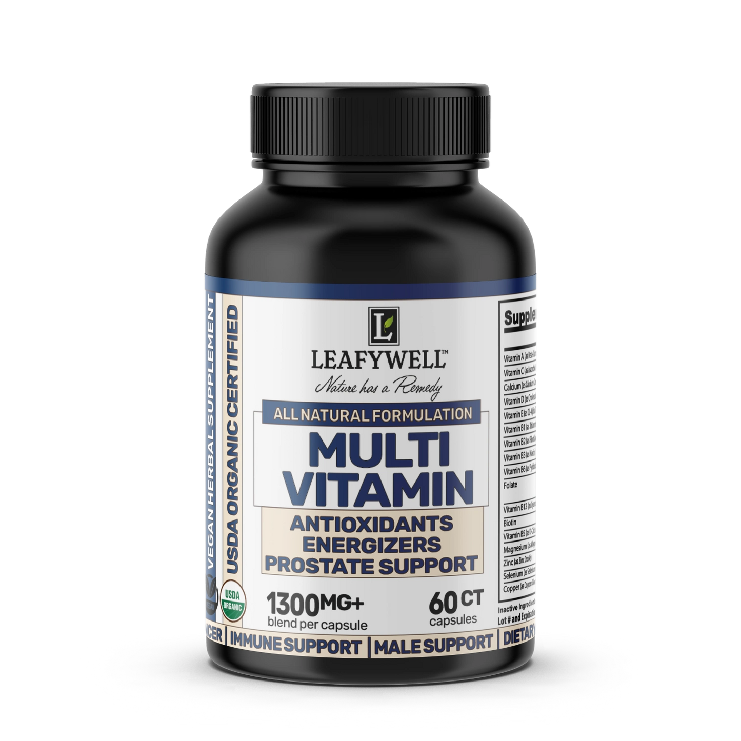 Leafywell multi vitamin bottle on a white background