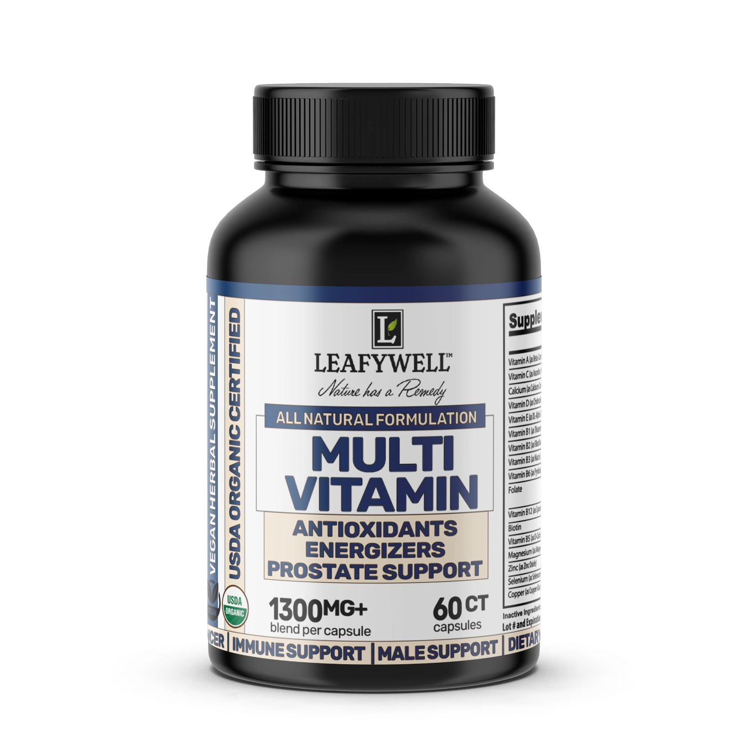 Leafywell multi vitamin bottle on a white background