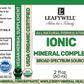 Supplement label for Leafywell Ionic Mineral Complex with various certifications and details.